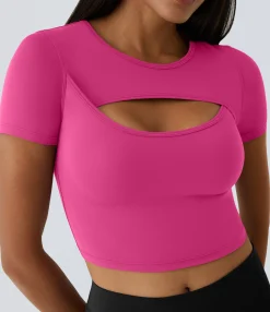 Casual Tops|Yoga Tops<HALARA SoftlyZero™ Plush Round Neck Cut Out Short Sleeve Cropped Barre Ballet Dance Sports Top