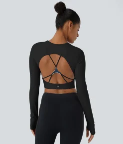 Yoga Tops|Sports Tops<HALARA SoftlyZero™ Plush Square Neck Long Sleeve Thumb Hole Cropped Yoga Sports Top