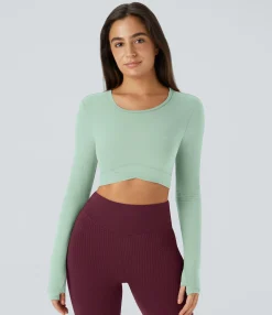 Yoga Tops|Sports Tops<HALARA SoftlyZero™ Plush Thumb Hole Crossover Hem Cropped Yoga Sports Top