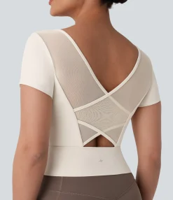 Yoga Tops|Sports Tops<HALARA SoftlyZero™ Plush U Neck Short Sleeve Crossover Contrast Mesh Yoga Sports Top
