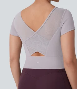 Yoga Tops|Sports Tops<HALARA SoftlyZero™ Plush U Neck Short Sleeve Crossover Contrast Mesh Yoga Sports Top