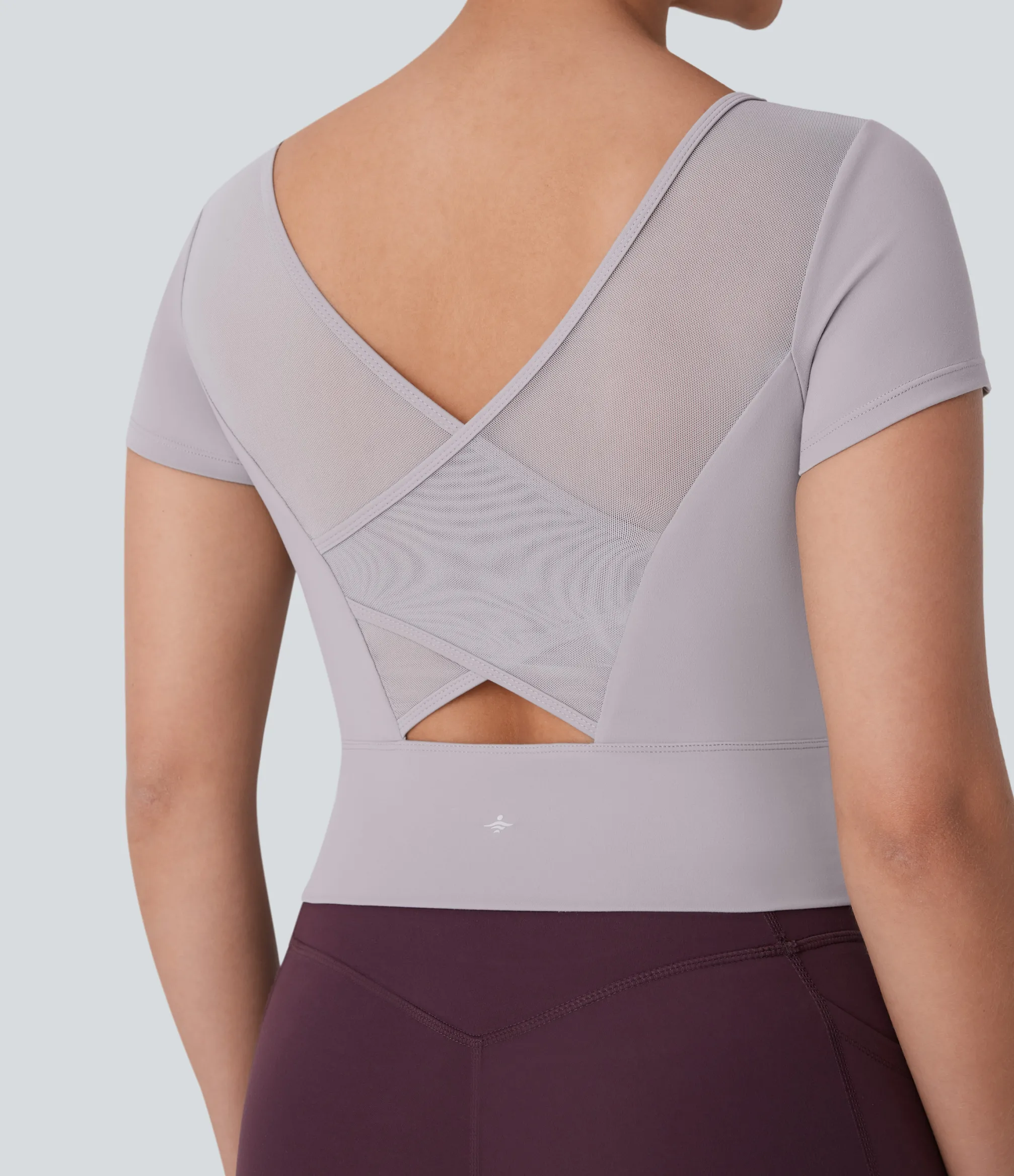 Yoga Tops|Sports Tops<HALARA SoftlyZero™ Plush U Neck Short Sleeve Crossover Contrast Mesh Yoga Sports Top