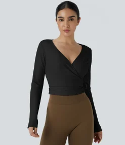 Yoga Tops|Sports Tops<HALARA SoftlyZero™ Plush V Neck Tie Side Long Sleeve Yoga Sports Top