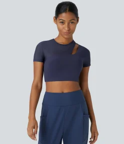 Sports Tops|Sports Tops<HALARA SoftlyZero™ QuickDry Contrast Mesh Cut Out Short Sleeve Cropped Workout Sports Top