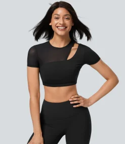 Sports Tops|Sports Tops<HALARA SoftlyZero™ QuickDry Contrast Mesh Cut Out Short Sleeve Cropped Workout Sports Top