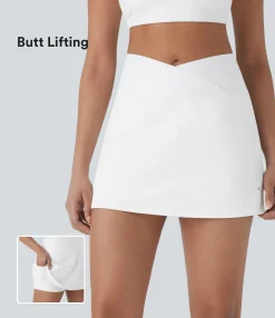 Mini Skirts|Active Skirts<HALARA SoftlyZero™ QuickDry Crossover High Waisted Tummy Control Built-in Butt Lifting Shorts A-line Mini Tennis Skirt with Pockets