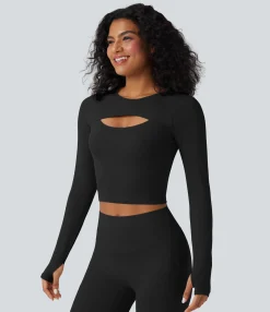 Sports Tops|Sports Tops<HALARA SoftlyZero™ QuickDry Cut Out Long Sleeve Thumb Hole Cropped Yoga Sports Top