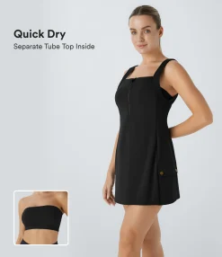 Dresses|Mini Dresses<HALARA SoftlyZero™ QuickDry Front Half Zip Side Cargo Pocket 2-Piece Mini Tank Active Dress
