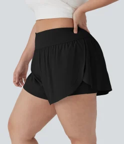 Plus Size<HALARA SoftlyZero™ QuickDry High Waisted Reflective Dots Crossover Hem 2-in-1 Running Plus Size Shorts with Pockets