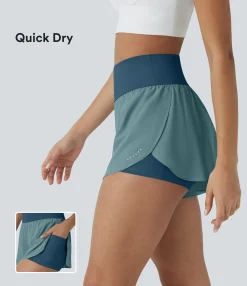 Active Shorts|Crossover Shorts<HALARA SoftlyZero™ QuickDry High Waisted Reflective Dots Crossover Hem 2-in-1 Pockets Running Shorts