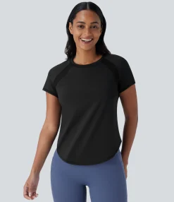 Sports Tops|Sports Tops<HALARA SoftlyZero™ QuickDry Round Neck Short Sleeve Contrast Mesh Curved Hem Running Sports Top