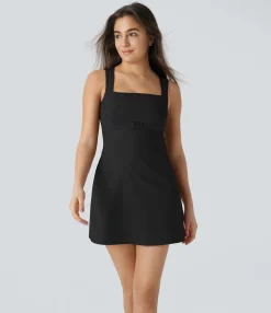 Dresses|Mini Dresses<HALARA SoftlyZero™ QuickDry Square Neck Sleeveless 2-Piece Pocket Mini Tennis Active Dress