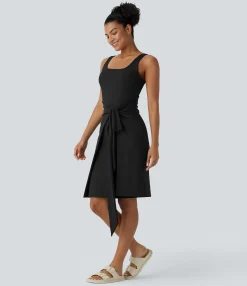 Dresses|Maxi & Midi Dresses<HALARA SoftlyZero™ QuickDry Square Neck Tie Front Midi Casual Dress