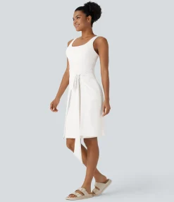 Dresses|Maxi & Midi Dresses<HALARA SoftlyZero™ QuickDry Square Neck Tie Front Midi Casual Dress