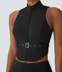 Sports Tops|Sports Tops<HALARA SoftlyZero™ QuickDry Stand Collar Zipper Belted Curved Hem Slim Pickleball Sports Top