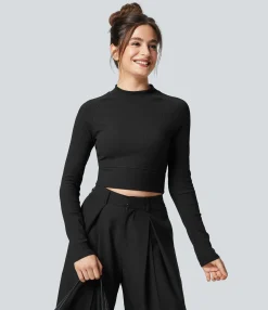 Casual Tops|Sports Tops<HALARA SoftlyZero™ Ribbed Mock Neck Long Sleeve Cropped Casual Sports Top