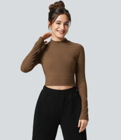 Casual Tops|Sports Tops<HALARA SoftlyZero™ Ribbed Mock Neck Long Sleeve Cropped Casual Sports Top