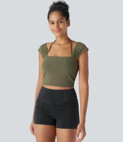 Casual Tops|Tank Tops & Camis<HALARA SoftlyZero™ Square Neck Halter Contrast Mesh Cropped Casual Tank Top-UPF50+