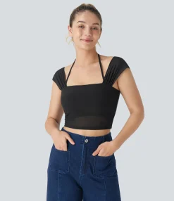 Casual Tops|Tank Tops & Camis<HALARA SoftlyZero™ Square Neck Halter Contrast Mesh Cropped Casual Tank Top-UPF50+