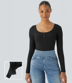 Bodysuits<HALARA SoftlyZero™ U Neck Long Sleeve Casual Bodysuit-UPF50+