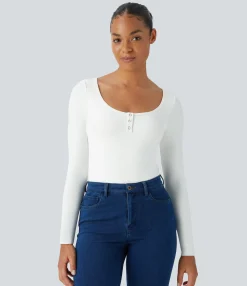 Bodysuits<HALARA SoftlyZero™ U Neck Long Sleeve Casual Bodysuit-UPF50+