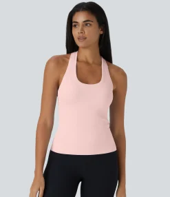 Casual Tops|Yoga Tops<HALARA Solid Stretchy U Neck Racerback Workout Tank Top