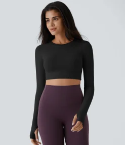 Casual Tops|Yoga Tops<HALARA Solid Thumb Hole Cropped Yoga Sports Top
