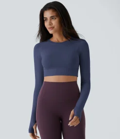 Casual Tops|Yoga Tops<HALARA Solid Thumb Hole Cropped Yoga Sports Top