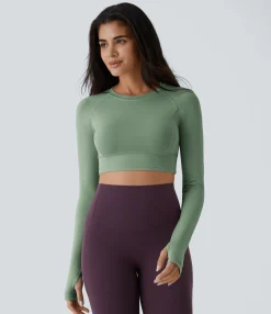 Casual Tops|Yoga Tops<HALARA Solid Thumb Hole Cropped Yoga Sports Top
