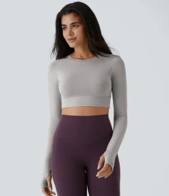 Casual Tops|Yoga Tops<HALARA Solid Thumb Hole Cropped Yoga Sports Top