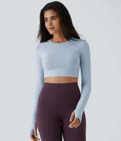 Casual Tops|Yoga Tops<HALARA Solid Thumb Hole Cropped Yoga Sports Top