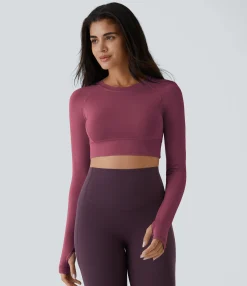 Casual Tops|Yoga Tops<HALARA Solid Thumb Hole Cropped Yoga Sports Top