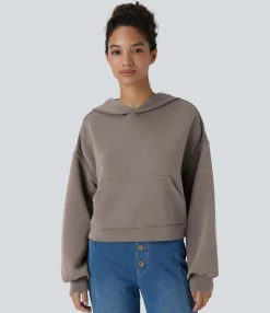 Sweatshirts & Hoodies<HALARA SpacerTek™ Hooded Dropped Shoulder Kangaroo Pocket Cropped Relax Casual Sweatshirt Cinder