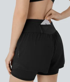 Active Shorts|Shorts<HALARA SpeedWave™ SoCinched High Waisted Tummy Control Reflective Pockets Contrast Mesh 2-in-1 Quick Dry Running Shorts