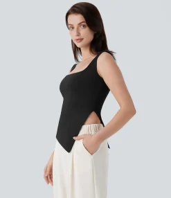 Tank Tops & Camis|Casual Tops<HALARA Square Neck Asymmetric Hem Casual Tank Top