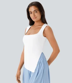 Tank Tops & Camis|Casual Tops<HALARA Square Neck Asymmetric Hem Casual Tank Top