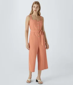 Jumpsuits<HALARA Square Neck Belted Pocket Capri Casual Jumpsuit