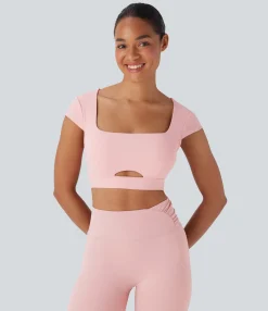 Yoga Tops|Tank Tops & Camis<HALARA Square Neck Cap Sleeve Cut Out Cropped Yoga Tank Top