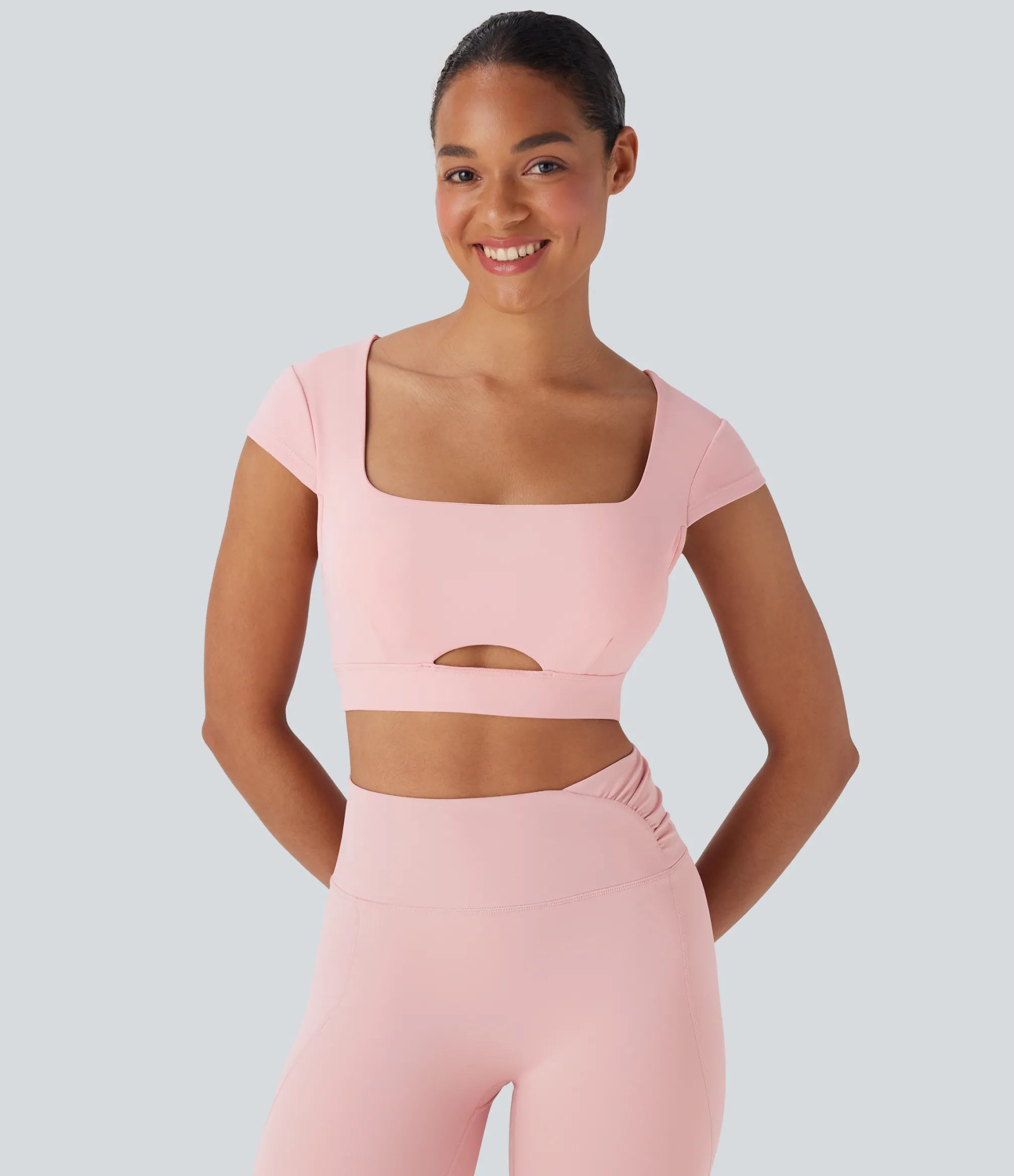 Yoga Tops|Tank Tops & Camis<HALARA Square Neck Cap Sleeve Cut Out Cropped Yoga Tank Top
