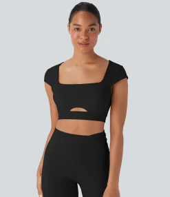 Yoga Tops|Tank Tops & Camis<HALARA Square Neck Cap Sleeve Cut Out Cropped Yoga Tank Top