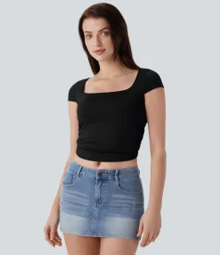 Casual Tops<HALARA Square Neck Cap Sleeve Ruched Skinny Cropped Casual Baby Tee