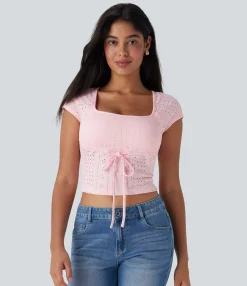 Casual Tops<HALARA Square Neck Drawstring Eyelet Skinny Cropped Casual Top