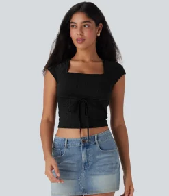 Casual Tops<HALARA Square Neck Drawstring Eyelet Skinny Cropped Casual Top
