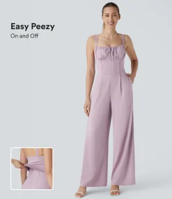 Jumpsuits<HALARA Square Neck Drawstring Ruched Milkmaid Pocket Wide Leg Jumpsuit-Easy Peezy