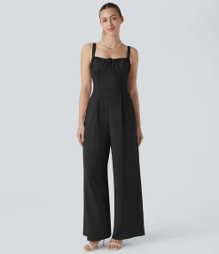 Jumpsuits<HALARA Square Neck Drawstring Ruched Milkmaid Pocket Wide Leg Jumpsuit-Easy Peezy