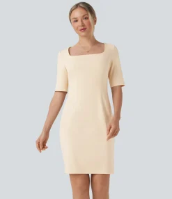Dresses|Mini Dresses<HALARA Square Neck Half Sleeve Slim Pencil Work Dress