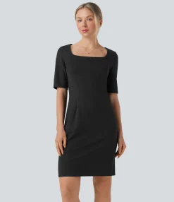 Dresses|Mini Dresses<HALARA Square Neck Half Sleeve Slim Pencil Work Dress