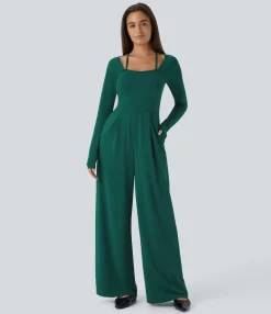 Jumpsuits<HALARA Square Neck Halter Long Sleeve Pocket Wide Leg Casual Jumpsuit-Easy Peezy