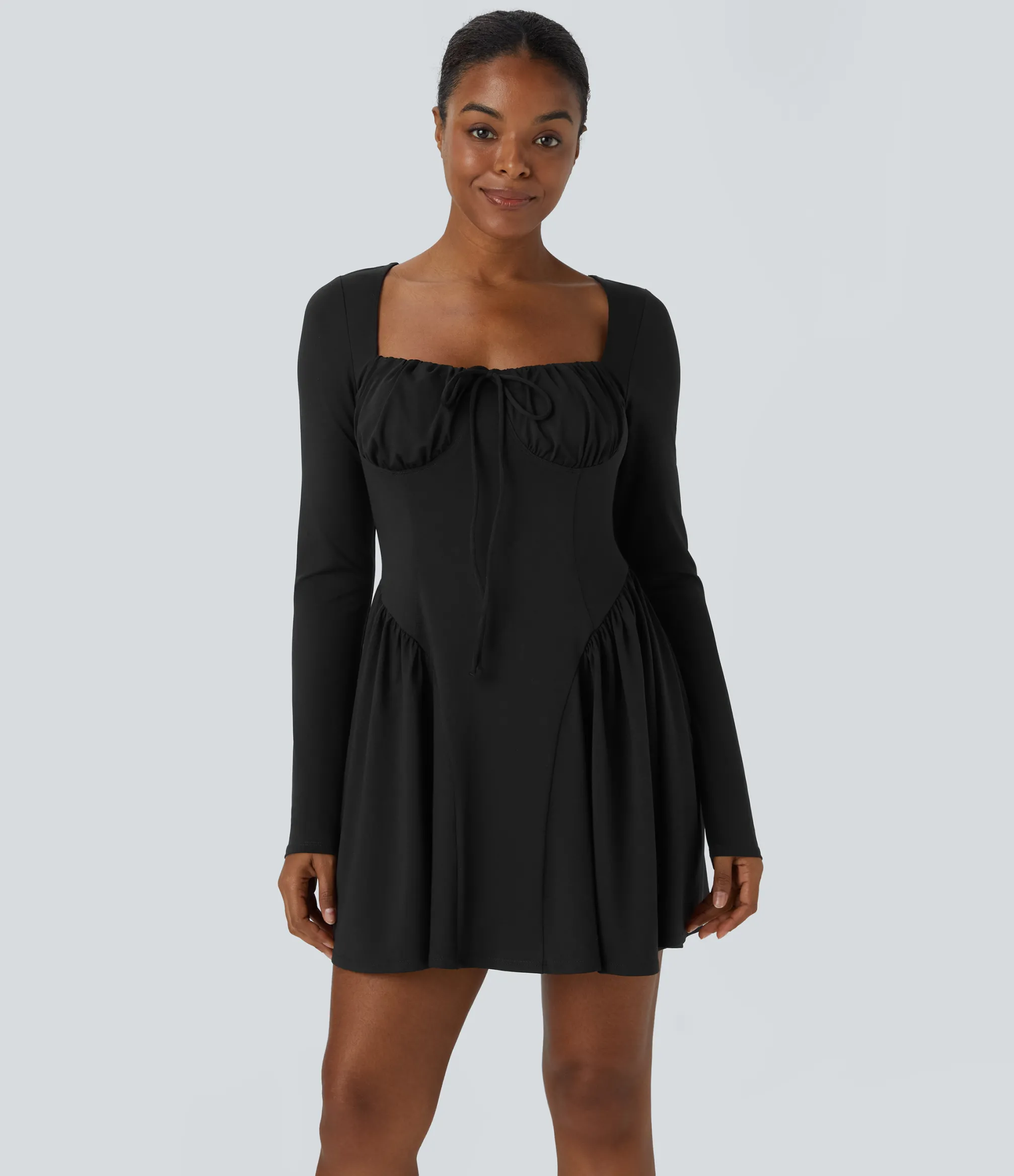 Dresses|Mini Dresses<HALARA Square Neck Lace Up Corset Long Sleeve Mini Casual Dress