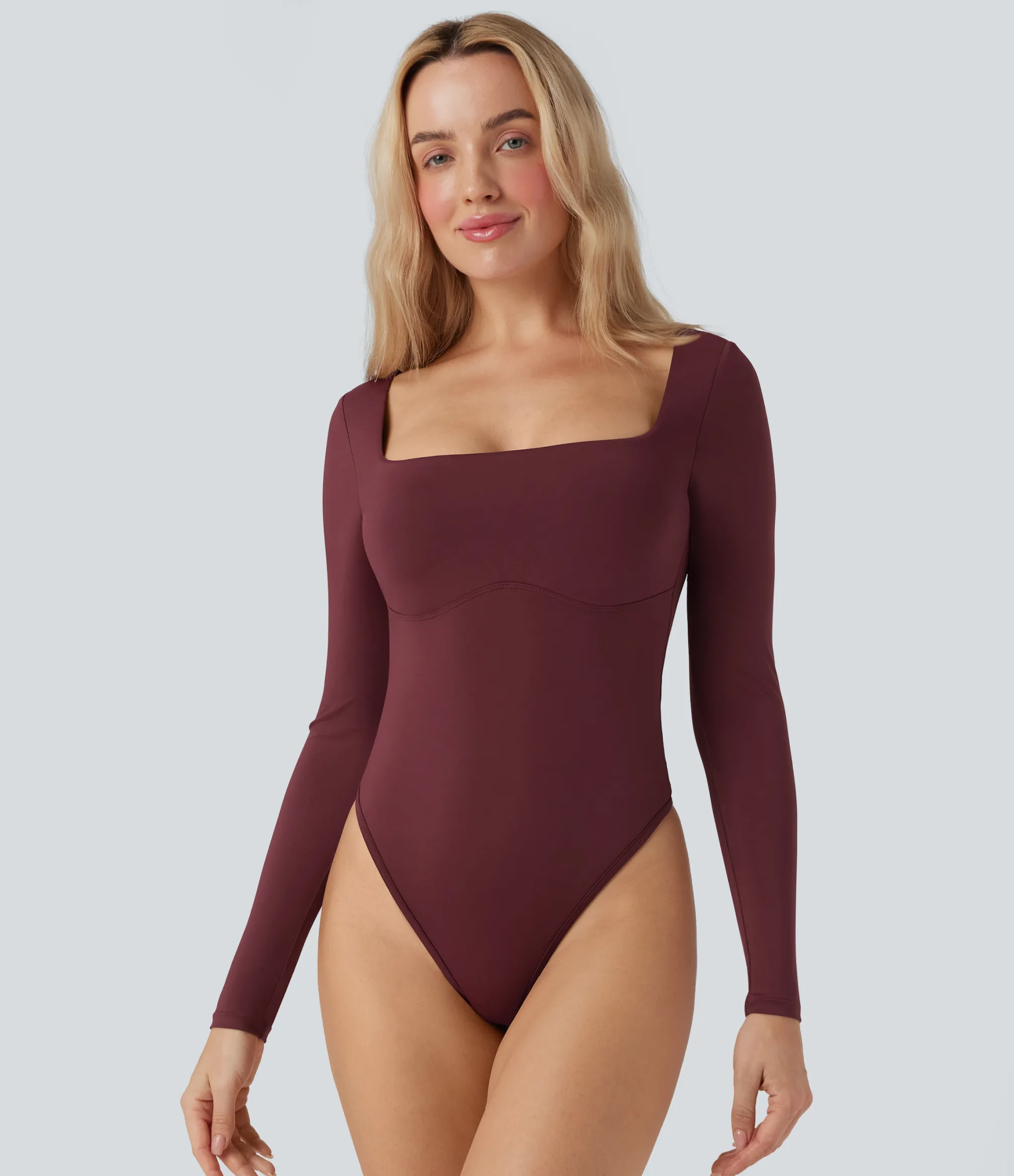 Bodysuits<HALARA Square Neck Long Sleeve Built-in Bra Skinny Work Bodysuit
